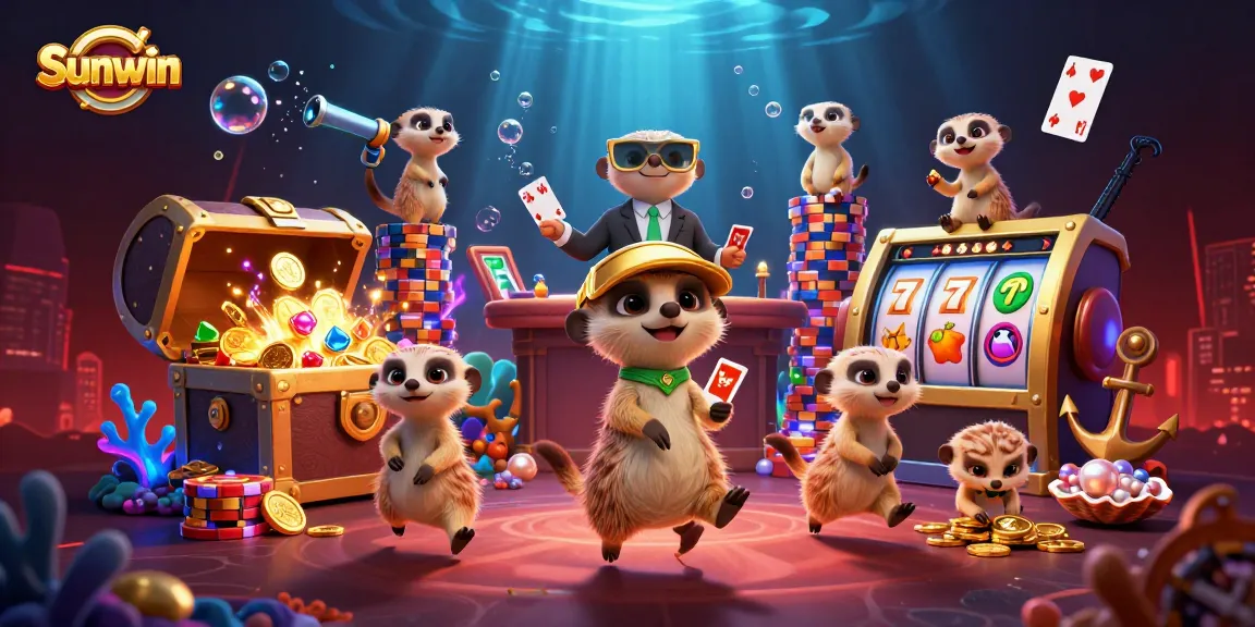 Sunwin casino meerkats manage lively gaming action in an underwater-themed illustration.