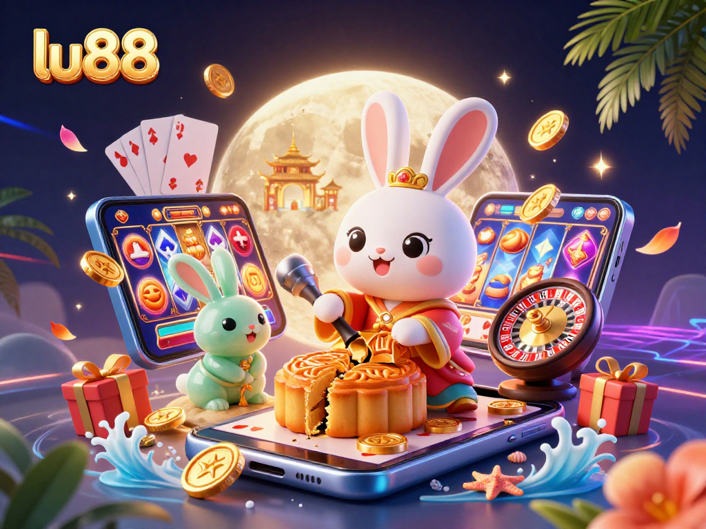 Experience the fun of lu88 casino with a vibrant scene featuring a moon rabbit and gaming elements.