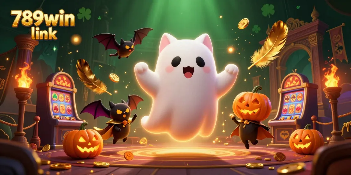 Participate in thrilling games at 789win link, showcasing a ghost cat and bat in a haunted casino.