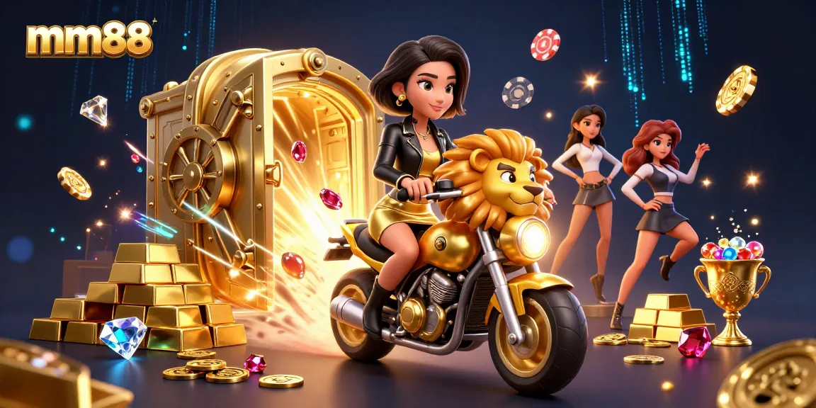 mm88 offers exhilarating gameplay with a glamorous Asian woman riding a golden lion mascot in a casino-themed adventure.