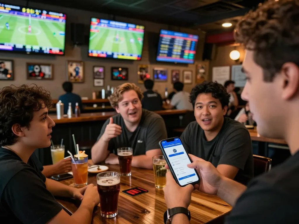 Place bets using 33win app in a lively sports betting scene at a packed bar.