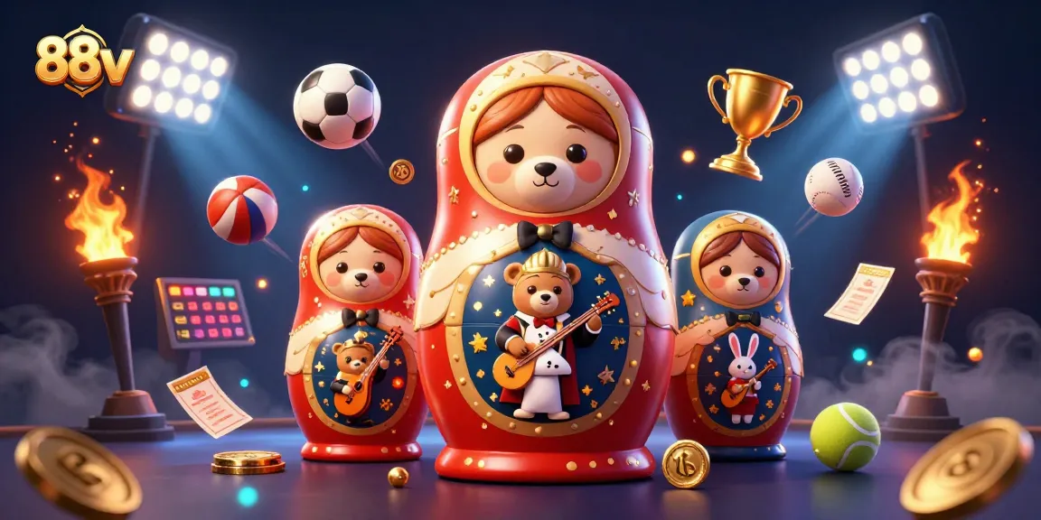 Bet on exciting games at 88vv, featuring unique dealer bears in a vibrant casino scene.
