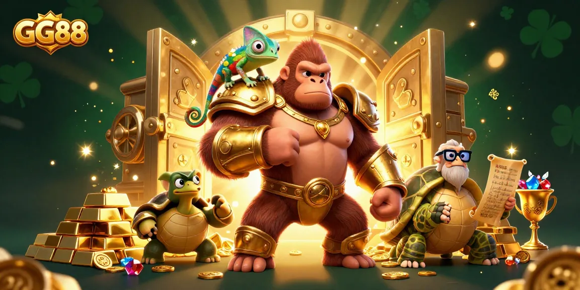 Experience thrilling wins at GG88 with a vibrant 3D casino scene filled with gold and gaming treasures.