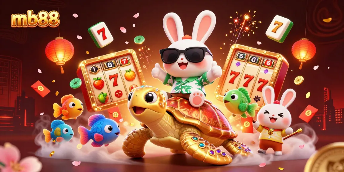 Place bets on mb88's exciting slots, featuring lucky rabbit and golden turtle in vibrant 3D artwork.