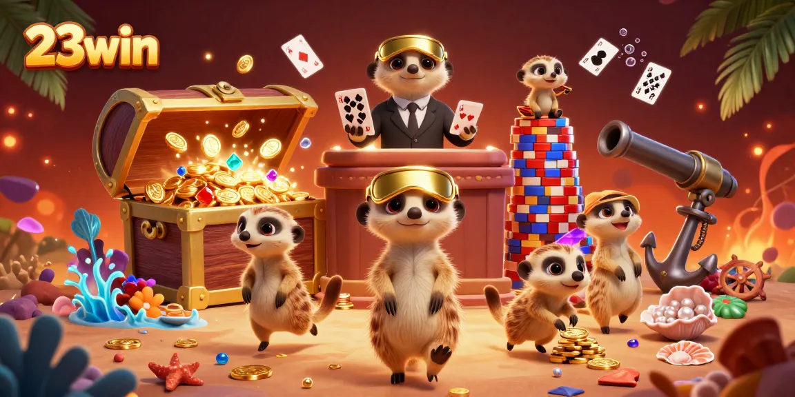 Experience exciting wins with 23win in a vibrant 3D casino scene featuring meerkats.