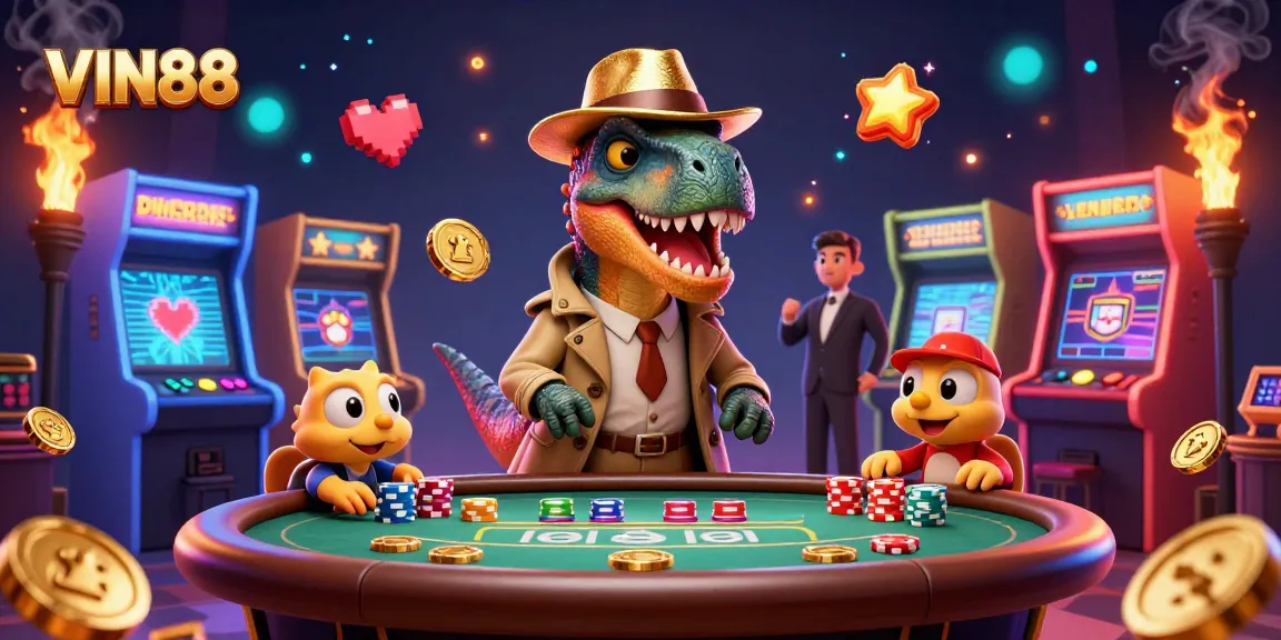 VIN88 attracts gamers with a cartoon velociraptor at a blackjack table surrounded by gaming elements.