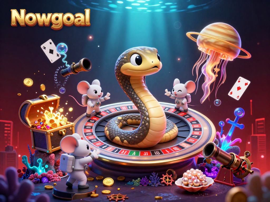 Engage with Nowgoal's animated cosmic casino featuring astronaut mice betting in a vibrant underwater scene.