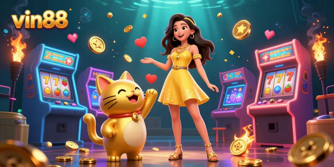 Win big with vin88: a joyful scene of an Asian woman and a lucky cat amidst casino games and golden rewards.