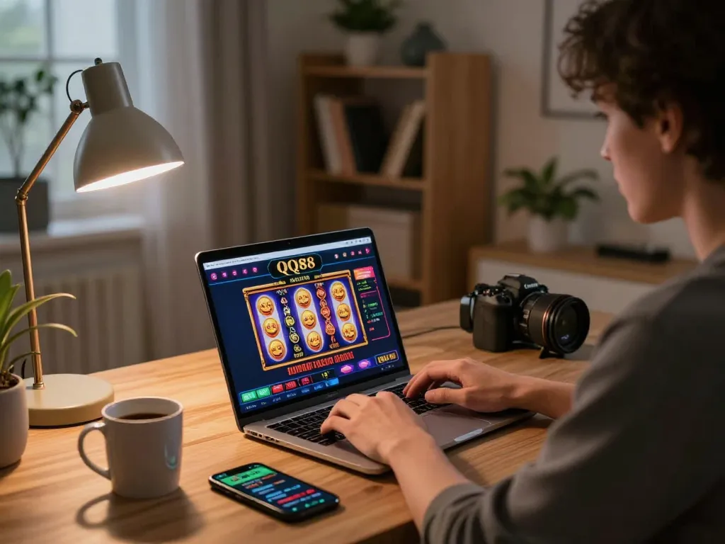 Engaging online gaming moment with QQ88 interface on laptop, creating a cozy gambling atmosphere.