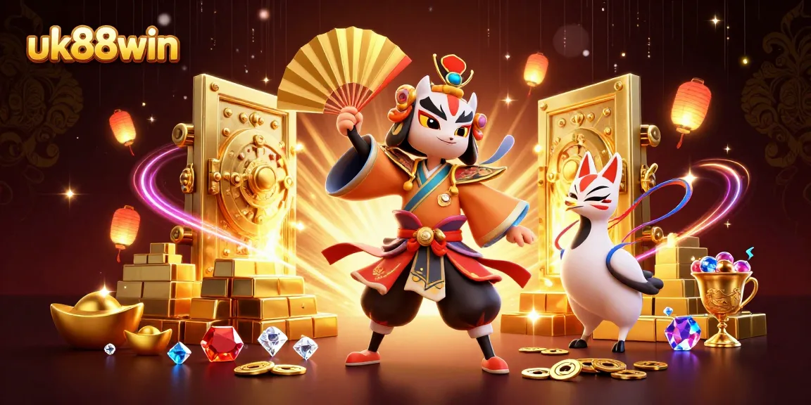 uk88win offers an energetic immersive experience with animated kabuki warriors and luminous treasures.