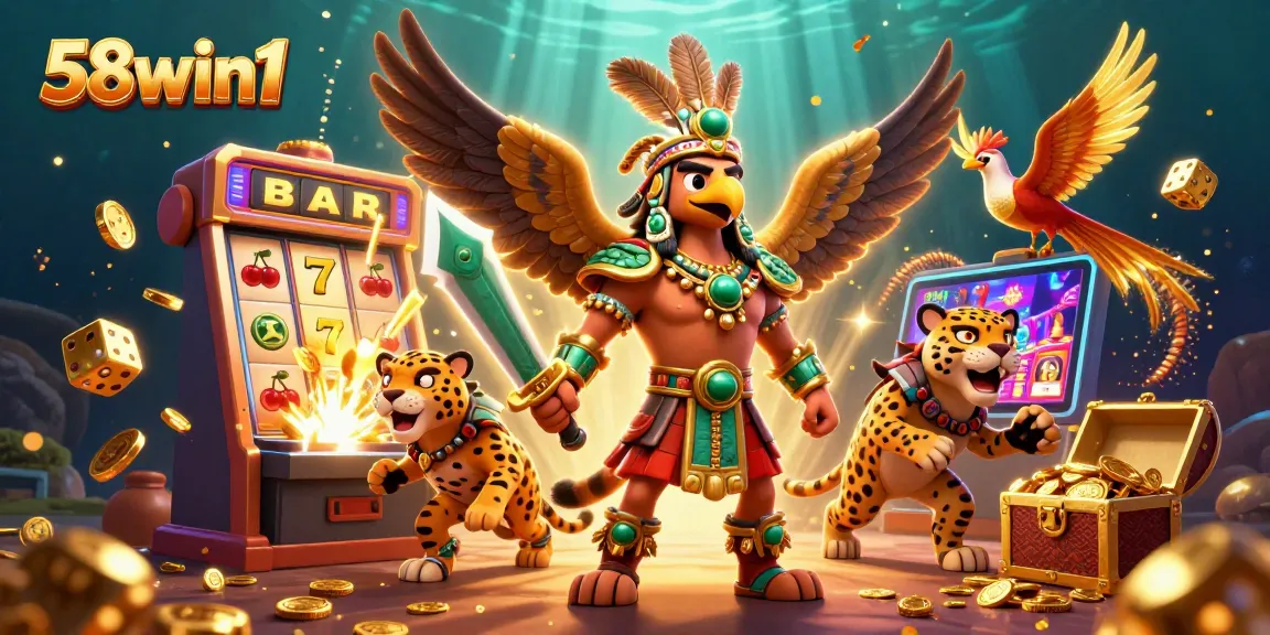 Engage in thrilling casino play with 58win1 as Aztec warriors and jackpot machines create a captivating scene.