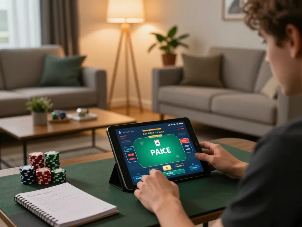 Player engaging with the DW8 casino app on a tablet, showcasing responsible online gambling strategy.