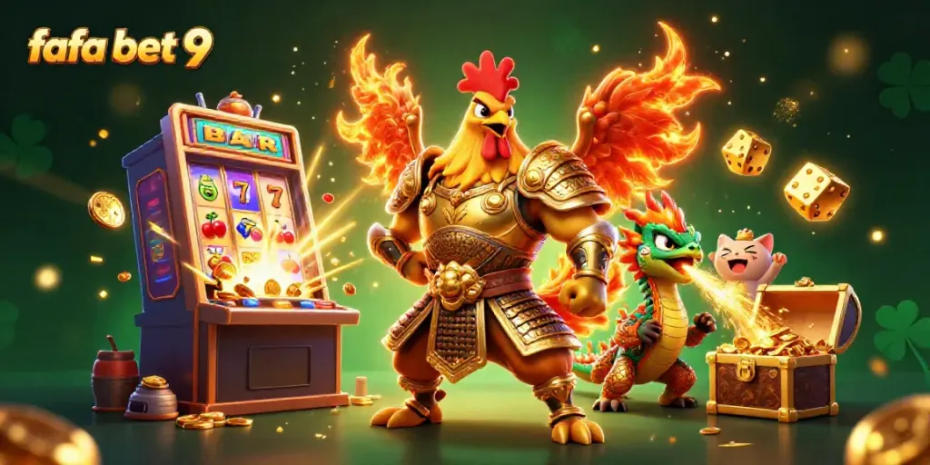 Experience thrilling gaming with fafa bet 9's vibrant 3D illustration featuring slot machines and lucky symbols.