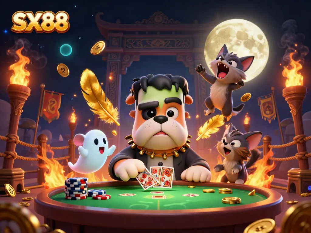SX88 online gambling scene with 3D cartoon characters at a spooky table surrounded by casino elements