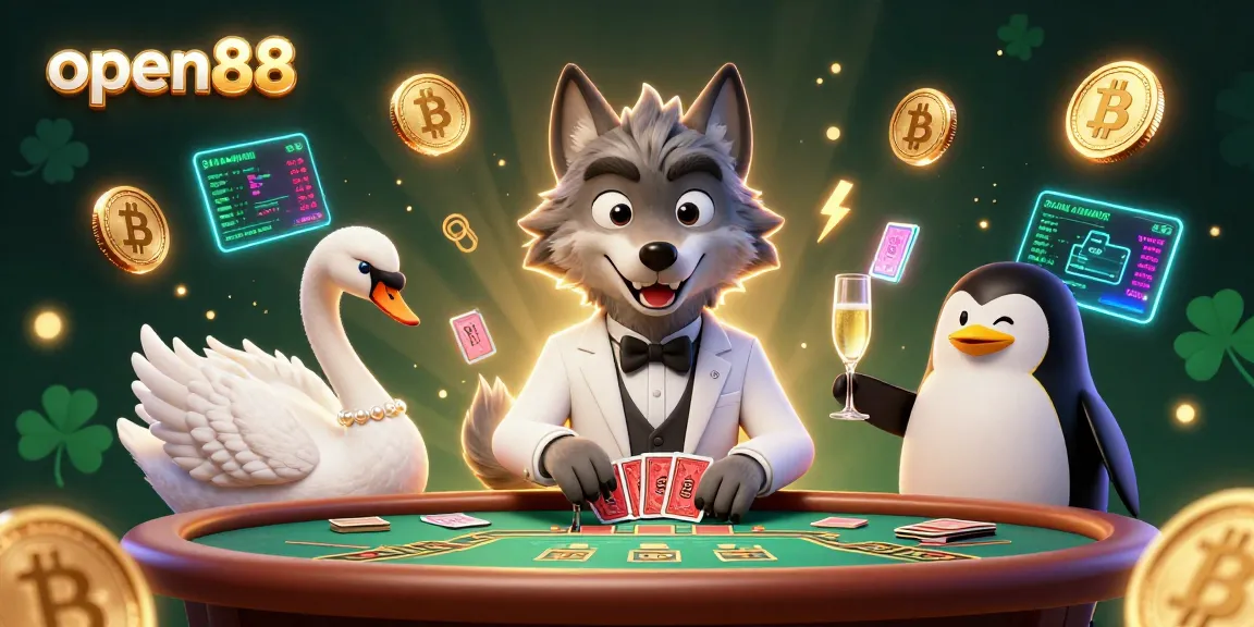 Engage with open88 through a vibrant 3D casino scene featuring a debonair wolf at baccarat with crypto elements.