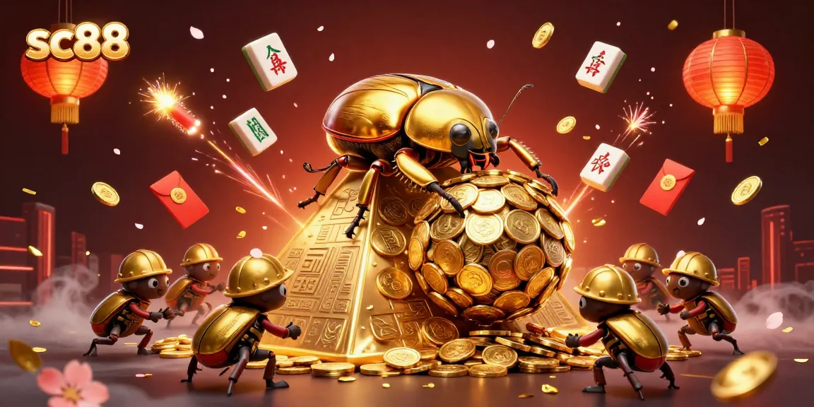 Experience thrilling fortune with sc88 as a golden beetle rolls coins among vibrant casino symbols.