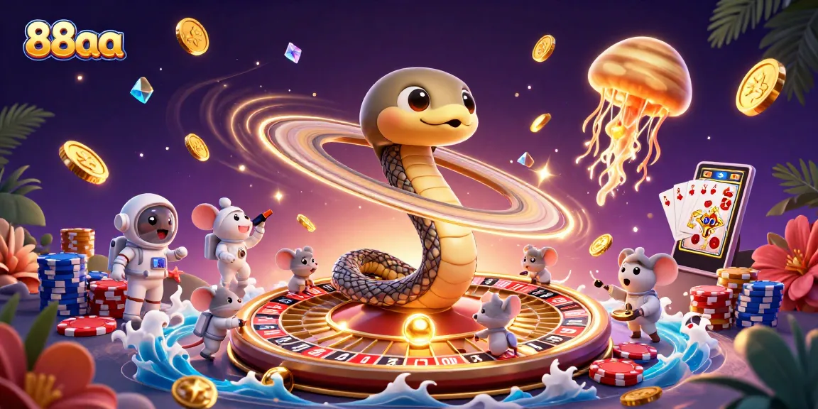 Betting with 88aa at a cosmic casino featuring Saturn snake, astronaut mice, and golden jellyfish dealer.