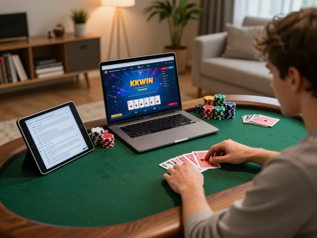 Player actively engaging with the KKWIN poker interface during a cozy home game, showcasing chips and strategy.