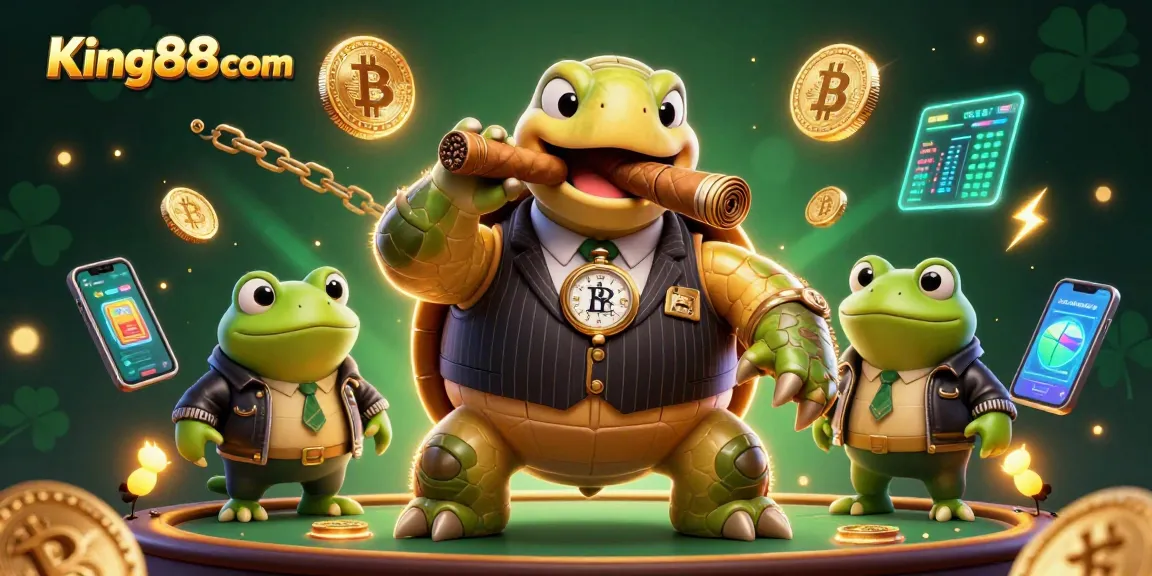 Engage with vibrant gaming action at King88com, featuring a cartoon turtle and frogs in a festive casino.