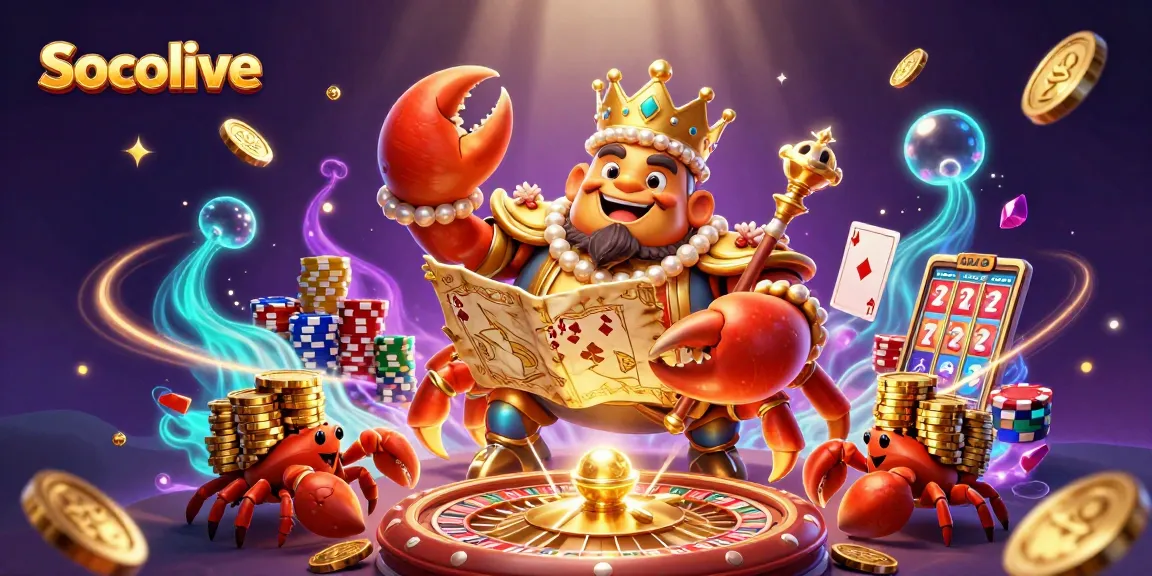 Socolive showcases an epic scene with a golden crab emperor surrounded by thrilling casino elements.
