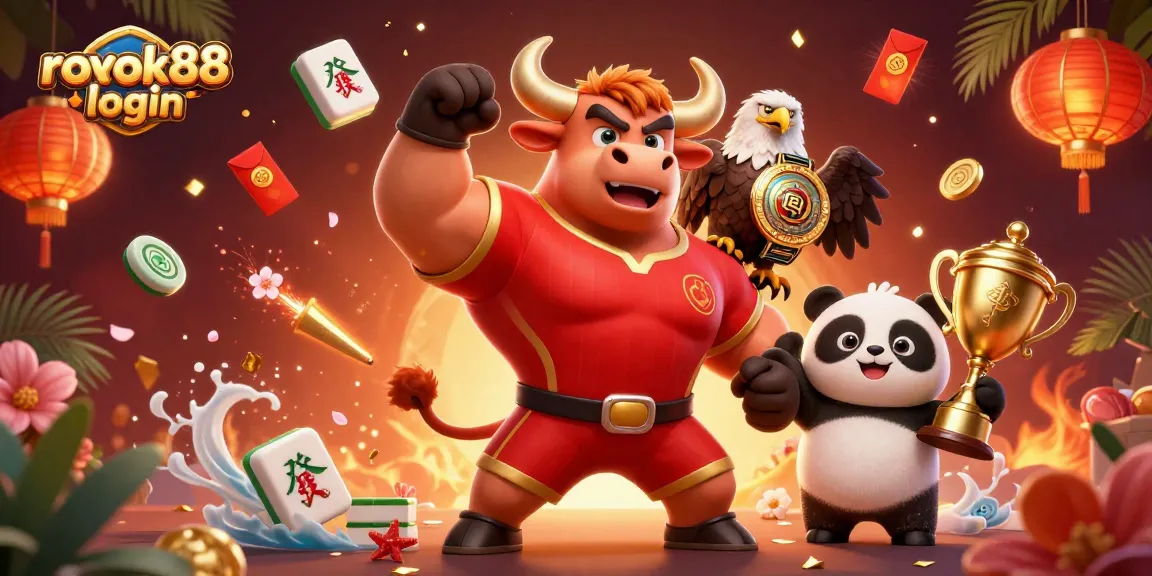 Experience the excitement of rokok88 login with lively mascots celebrating wins in a vibrant casino atmosphere.
