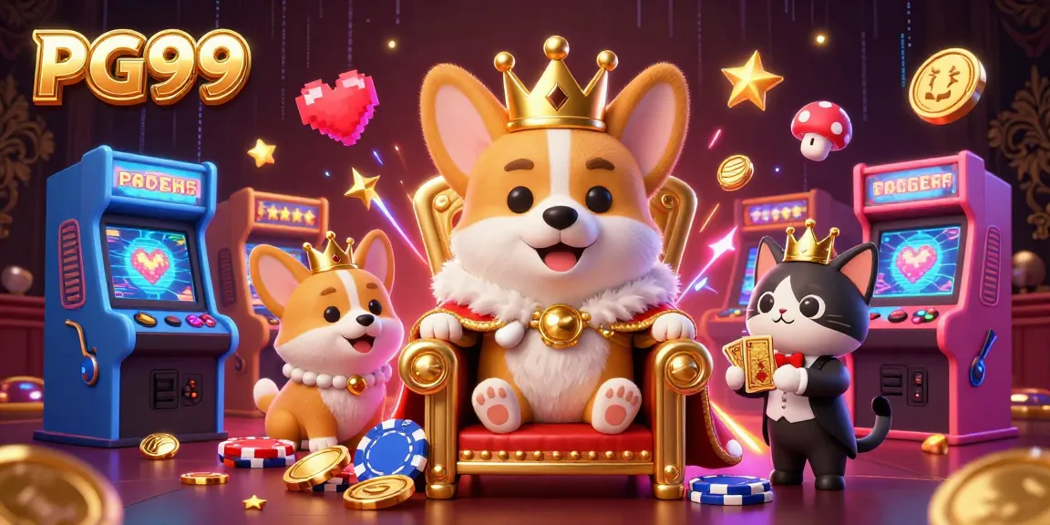 Experience PG99's vibrant gaming with a royal corgi and interactive casino elements in a thrilling 3D scene.