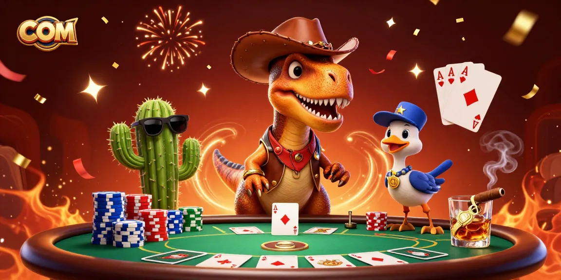 Engage in thrilling card battles at com with a dinosaur dealer amid a lively poker scene.