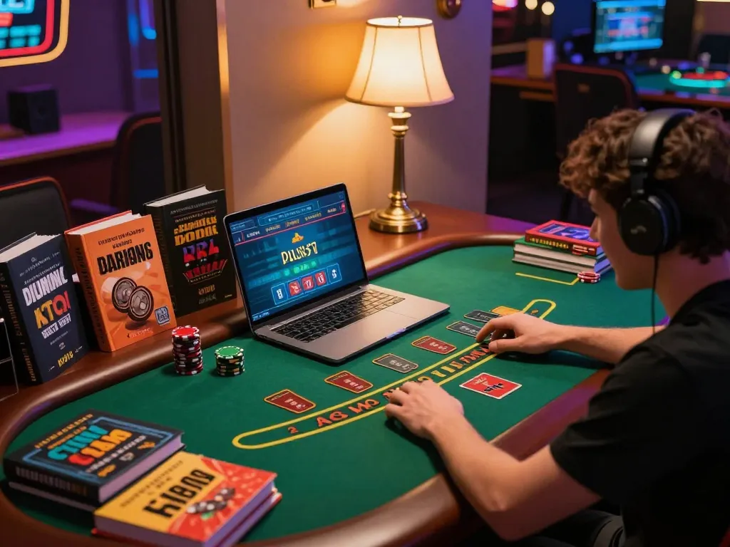 Engaged player enjoying JJun88 live dealer blackjack game at home with strategic betting notes.