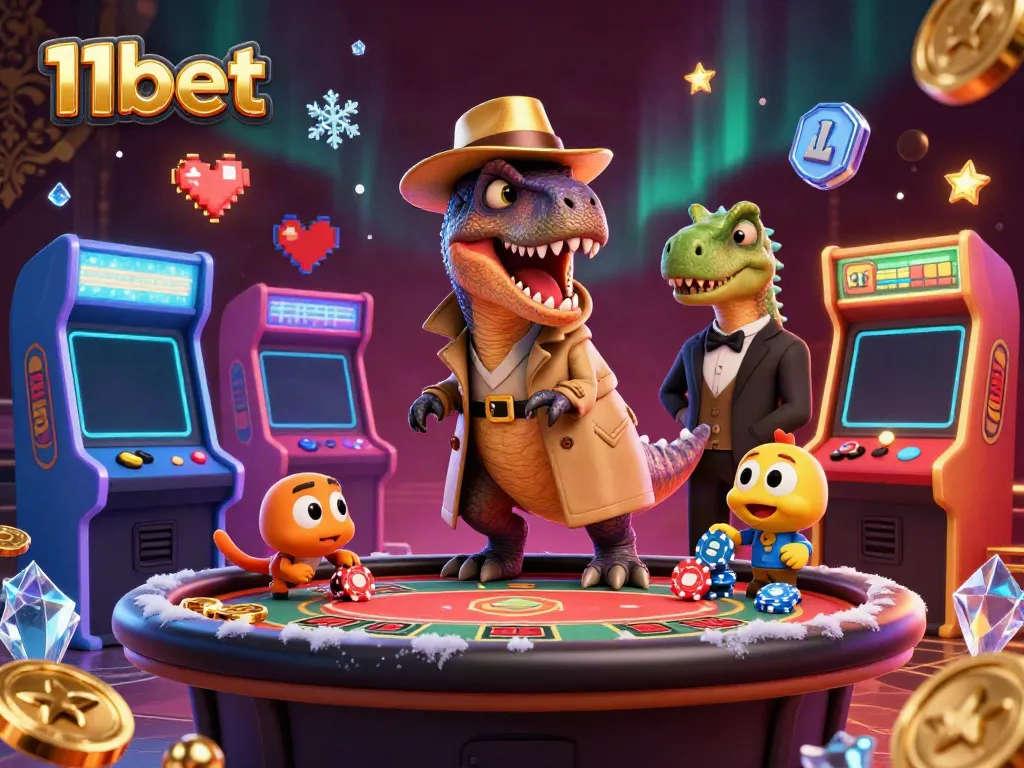 Play casino games with 11bet in a vibrant, cartoonish 3D scene featuring a velociraptor and more!