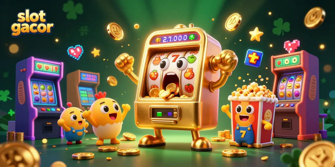 Engage with slot gacor as a golden slot machine celebrates a jackpot amid cheering baby slots.