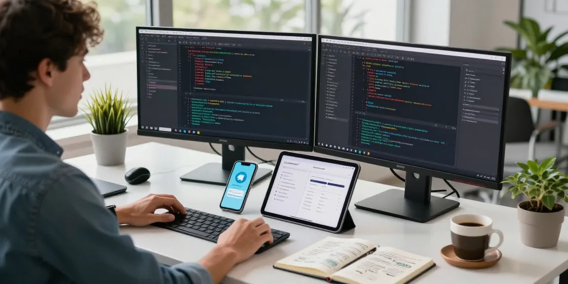 Experience seamless Telegram download at a modern coding workspace with dual monitors and coding software setup.
