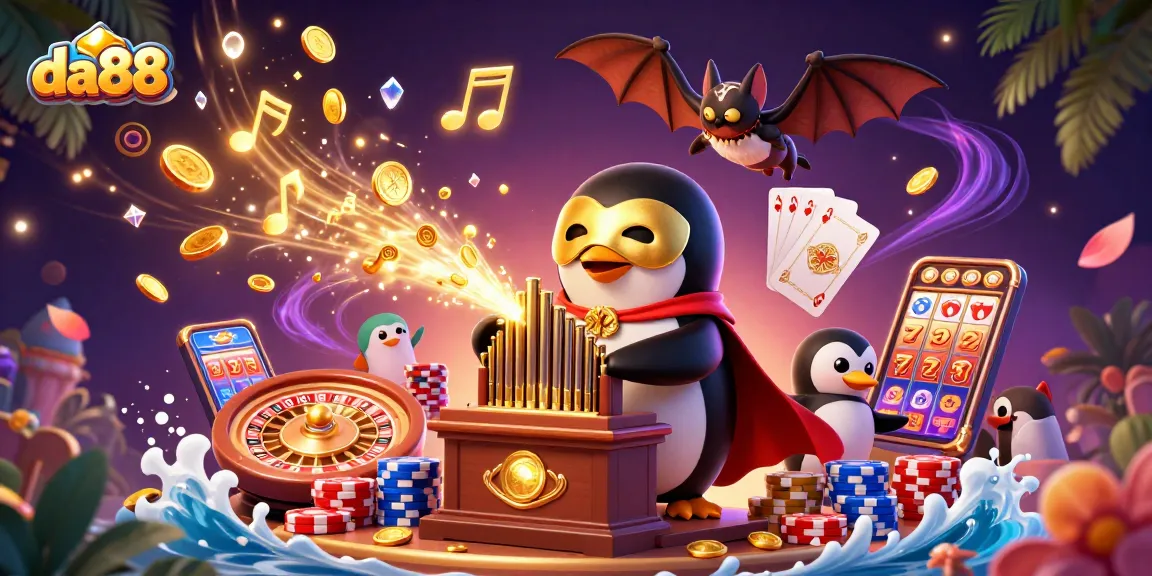 Play games and win big at da88 with a dynamic casino scene featuring a playful penguin and golden coins