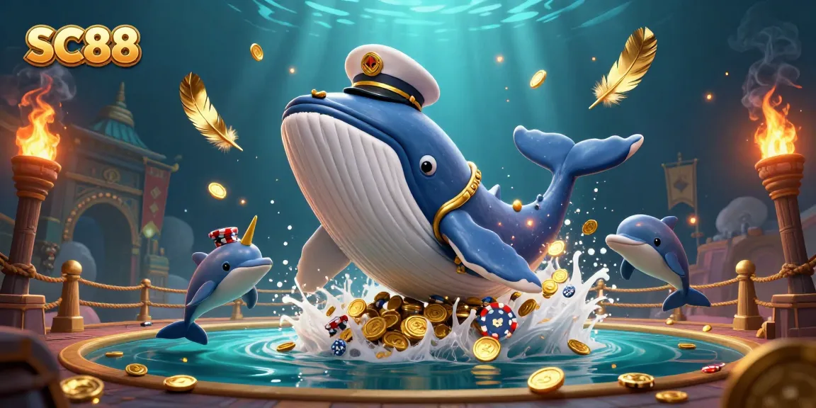 Experience SC88 excitement with a vibrant 3D scene of a cartoon whale and poker chips