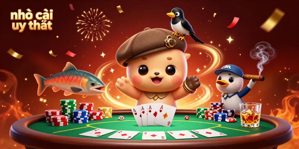 Engage with the vibrant scene featuring nhà cái uy tín, where adorable characters mingle with poker elements in a lively casino atmosphere.