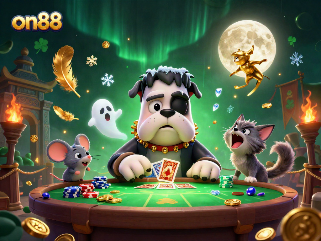 Engage with thrilling casino action at on88 featuring a lively 3D monster card game scene.