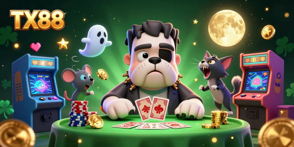 TX88 showcases an exciting cartoon scene with a Frankenstein bulldog dealing cards amidst glowing arcade elements and a werewolf kitten.