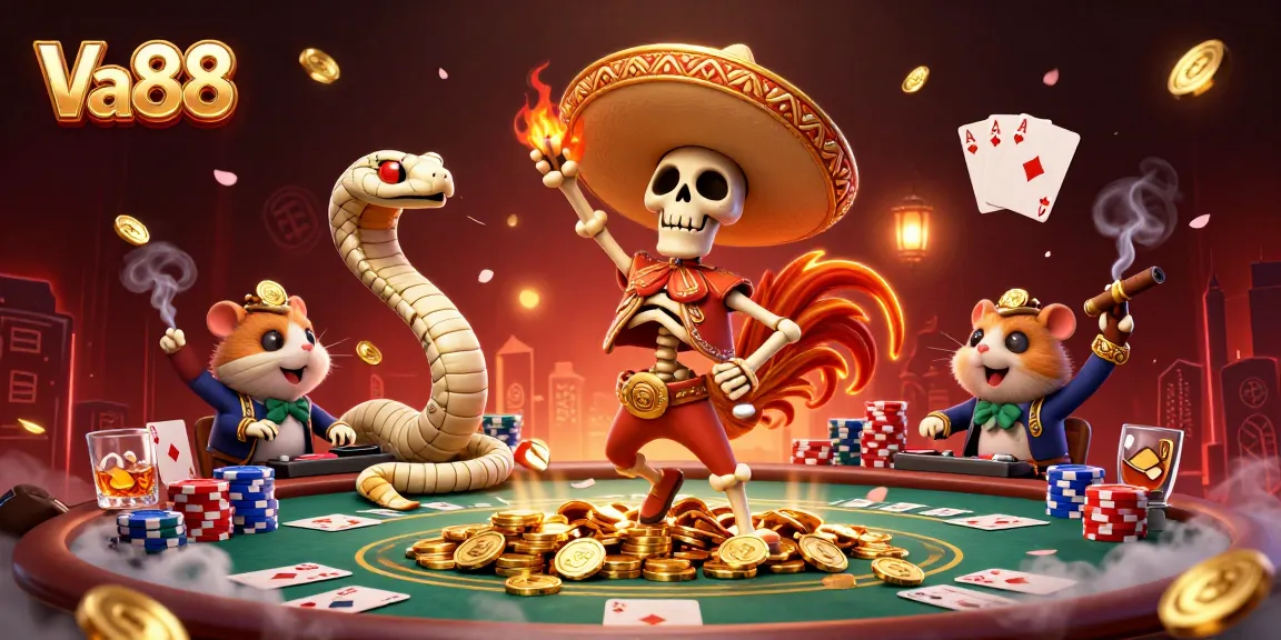 Engage in exciting poker gameplay with Va88 characters animated in a festive casino scene.