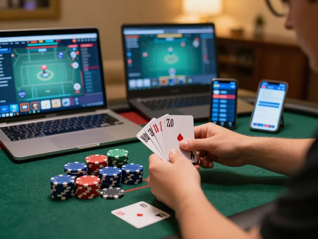 Player revealing winning hand in alo88 online poker game, showcasing strategic gameplay in a cozy home setting