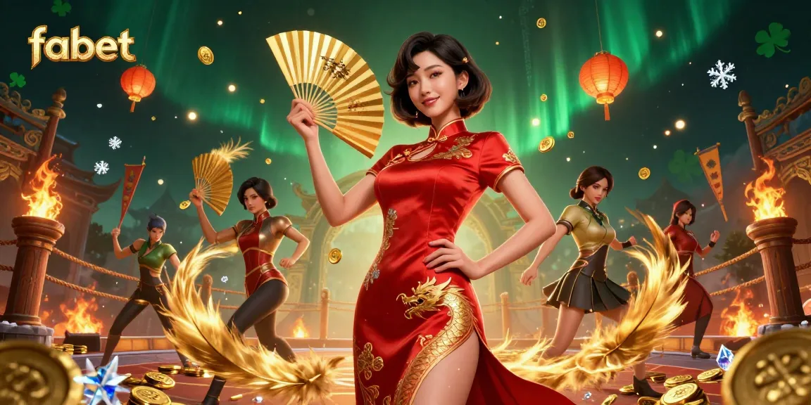 Experience thrilling gameplay with fabet, showcasing an elegant Asian woman surrounded by gold coins and lanterns in a dynamic casino scene.