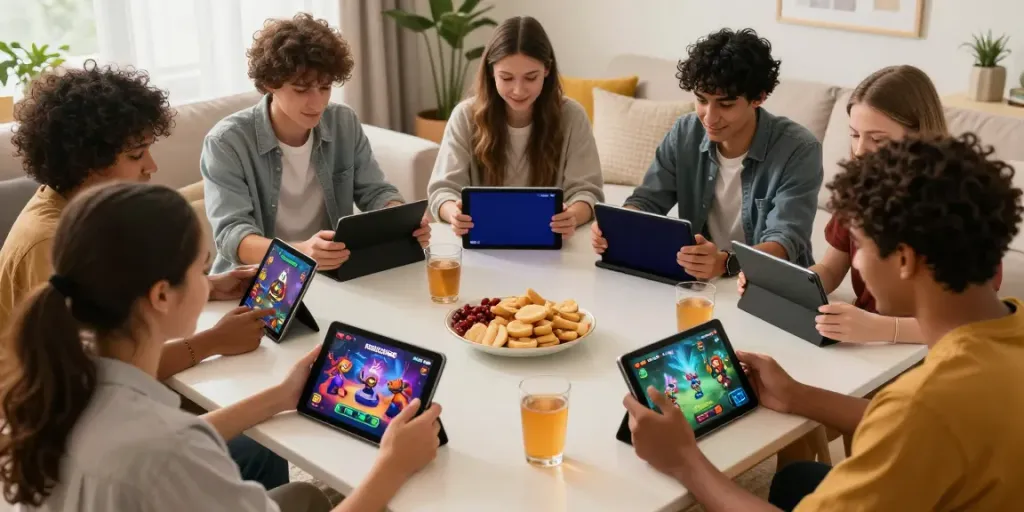 Friends enjoying ROKOK88 offline games in a cozy setting, showcasing digital entertainment.