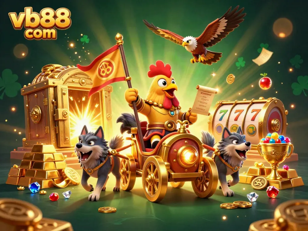 Experience thrilling wins at vb88 com with a roaring casino battle featuring a valiant rooster on a golden chariot.