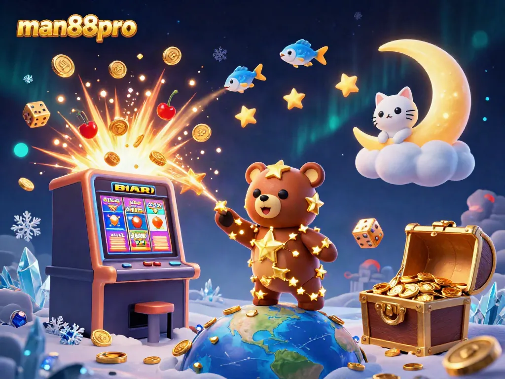 Experience the thrill of man88pro with dazzling golden stars, coins, and a jackpot scene.