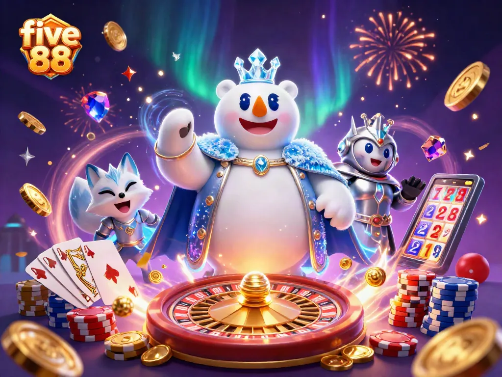 Experience the thrill at five 88 with a 3D casino scene featuring polar bear royalty and immersive gaming elements.