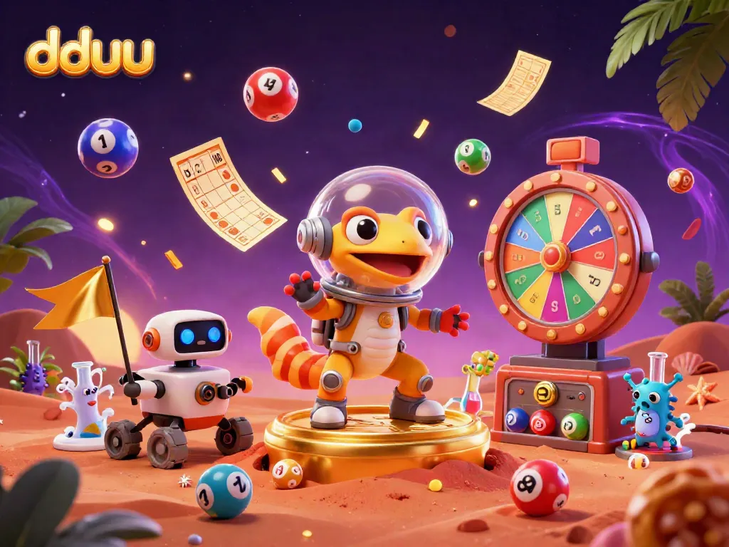 Experience the vibrant dduu world of fun with a Martian gecko discovering a golden casino among exciting betting elements.