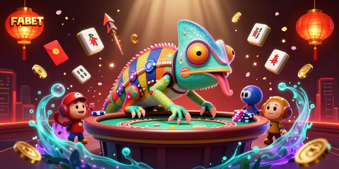 Experience the excitement of FABET with a vibrant casino scene featuring a chameleon owner and dazzling game elements.