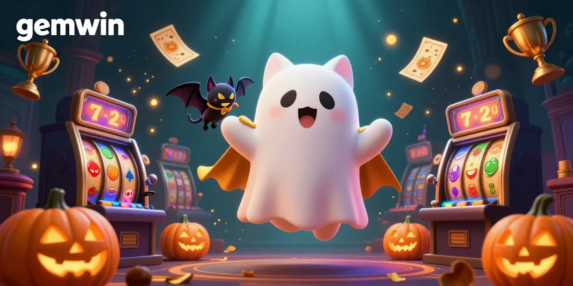Experience thrilling gaming at gemwin with the friendly ghost cat and vampire bat in a vibrant casino.