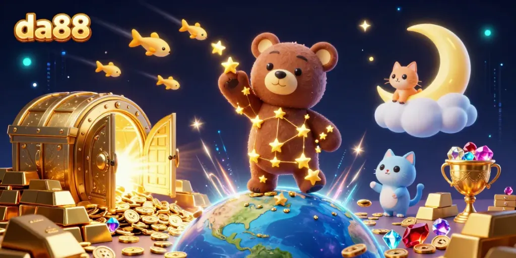 Experience the thrill of da88 with shining jackpots and a constellation bear in a vibrant casino world.