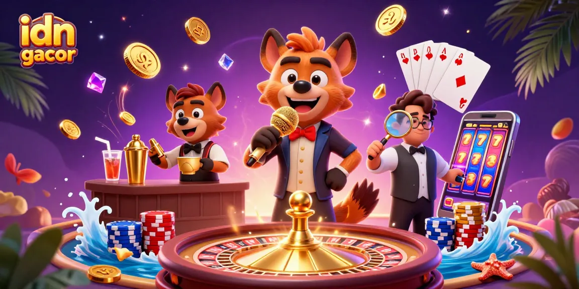 Gambarlah idn slot gacor di kasino dengan hyena lucu bermain, menghibur, dan memberikan minuman.