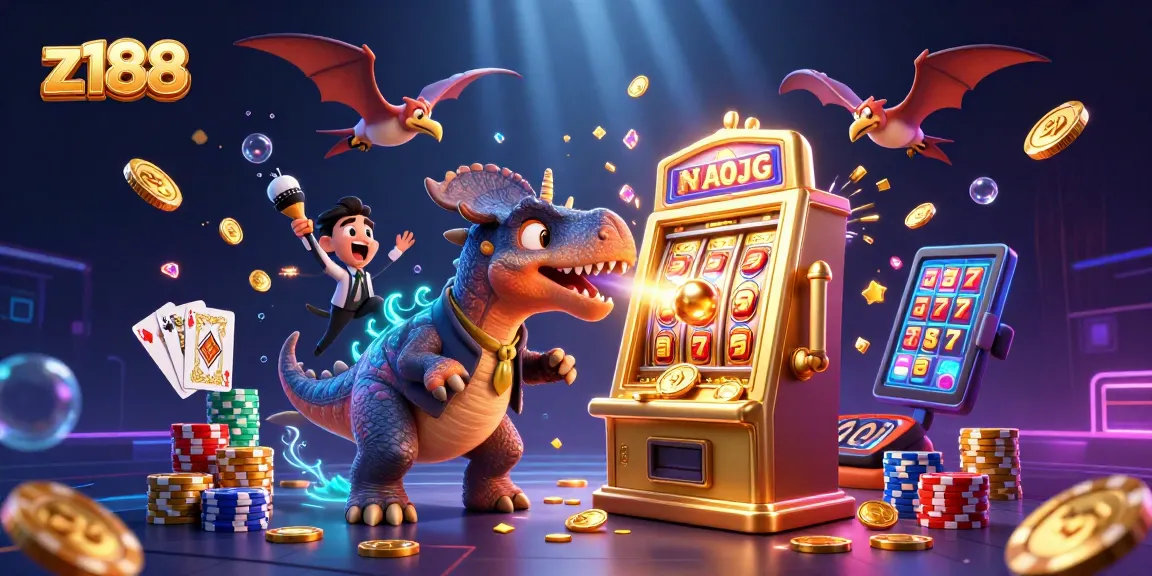 Experience the excitement of z188 with a pachycephalosaurus hitting a jackpot slot machine, surrounded by flying coins.
