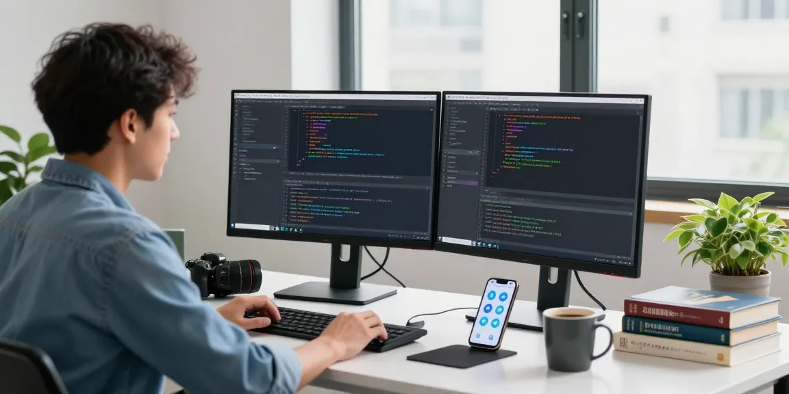 Download Telegram seamlessly on your devices in a modern tech workspace with coding screens and a developer at work.